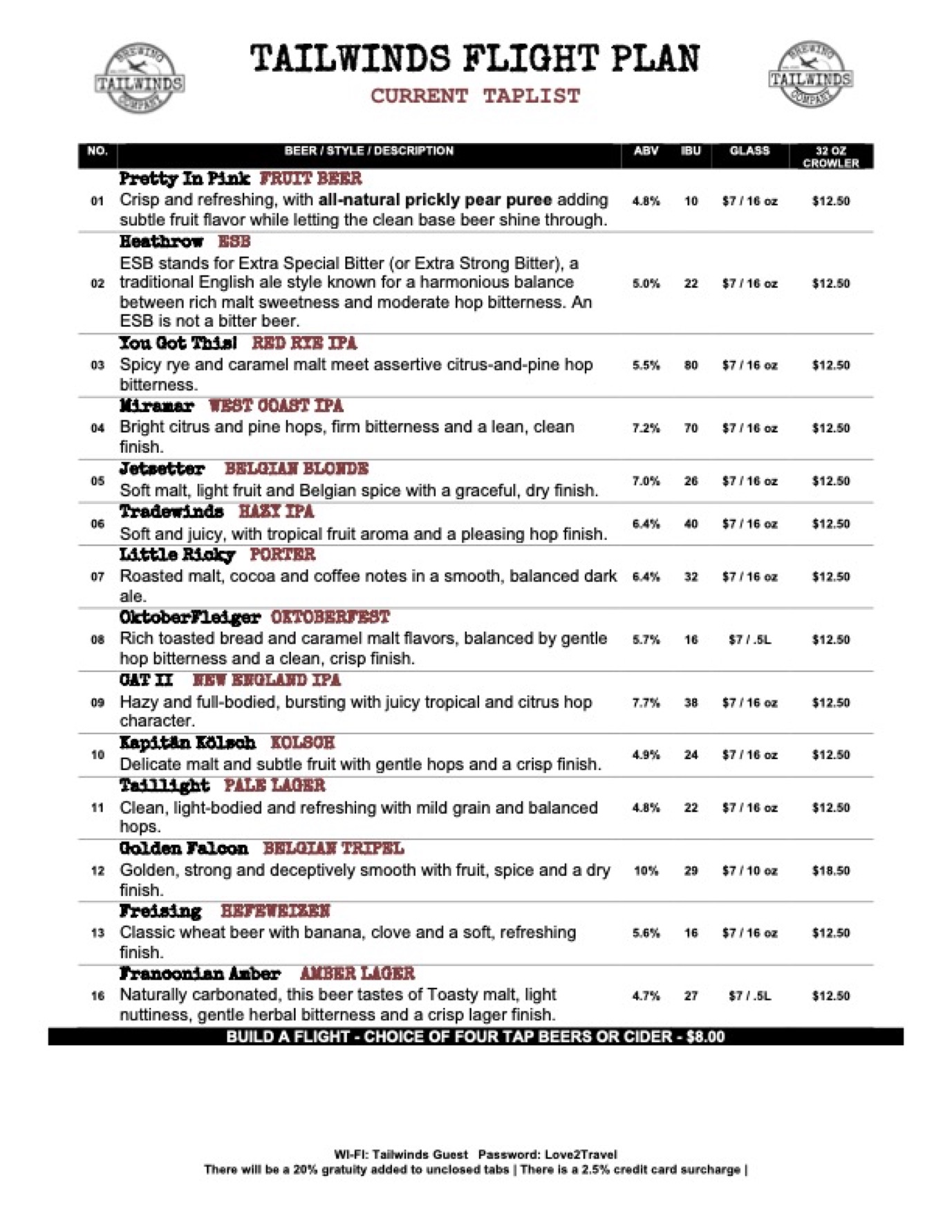 Tailwinds Beer Menu 10-7-26